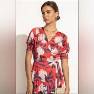 Bohme Womens Satin Wrap Dress Red Floral Print Tie‎ Waist Short Sleeve Medium
